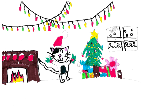 Children's drawing of a cat wearing a Santa hat, next to a fireplace and Christmas tree.